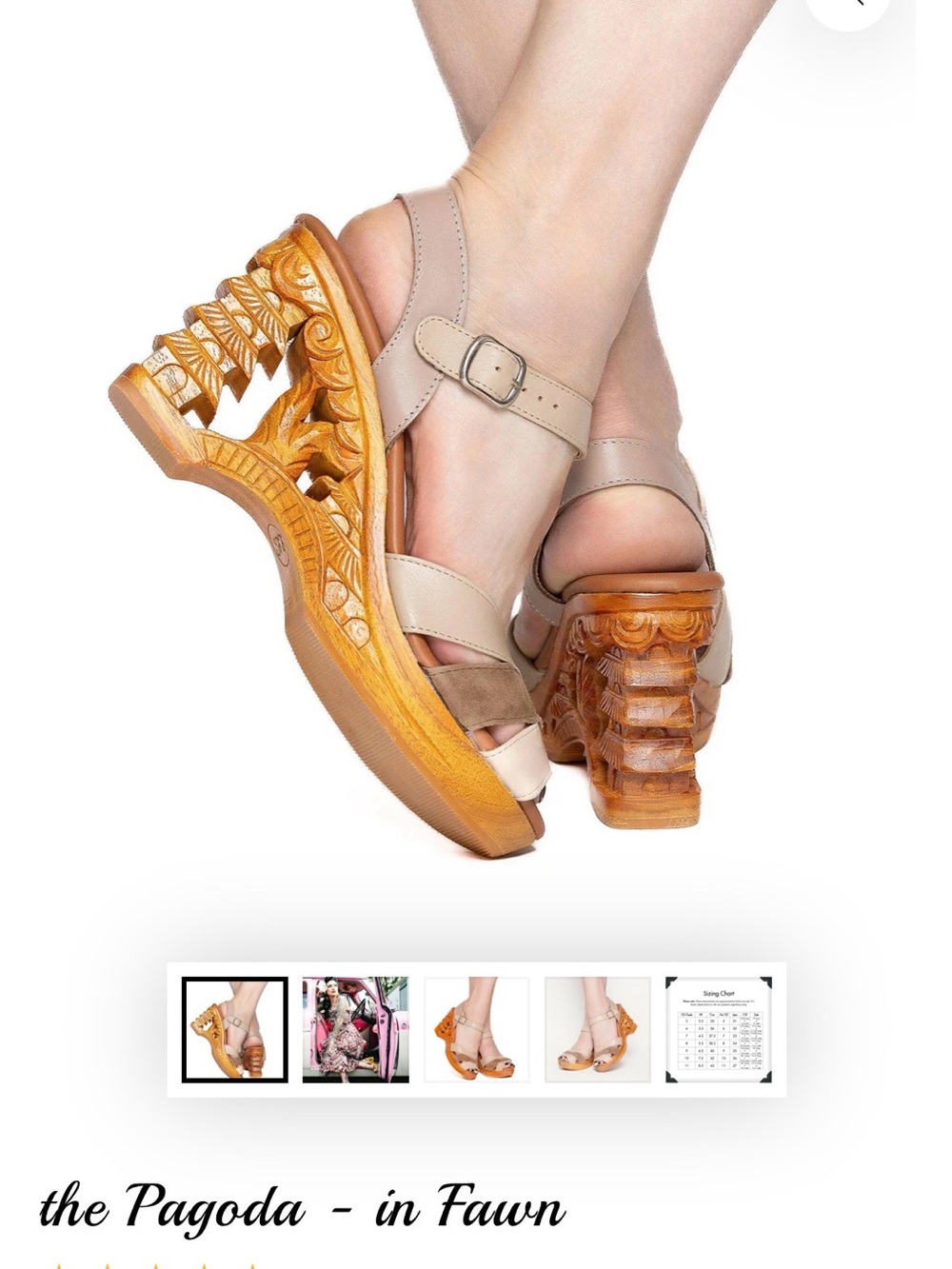 Lucky Lou. The Pagoda Fawn Carved-Wood Wedge Sandal